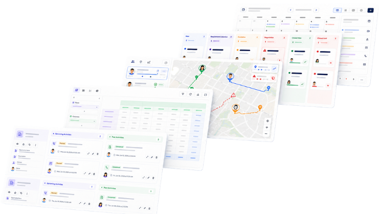 A collection of automateCRM interfaces including activity timelines, pivot analysis, live location tracking, Gantt planning and calendar views.